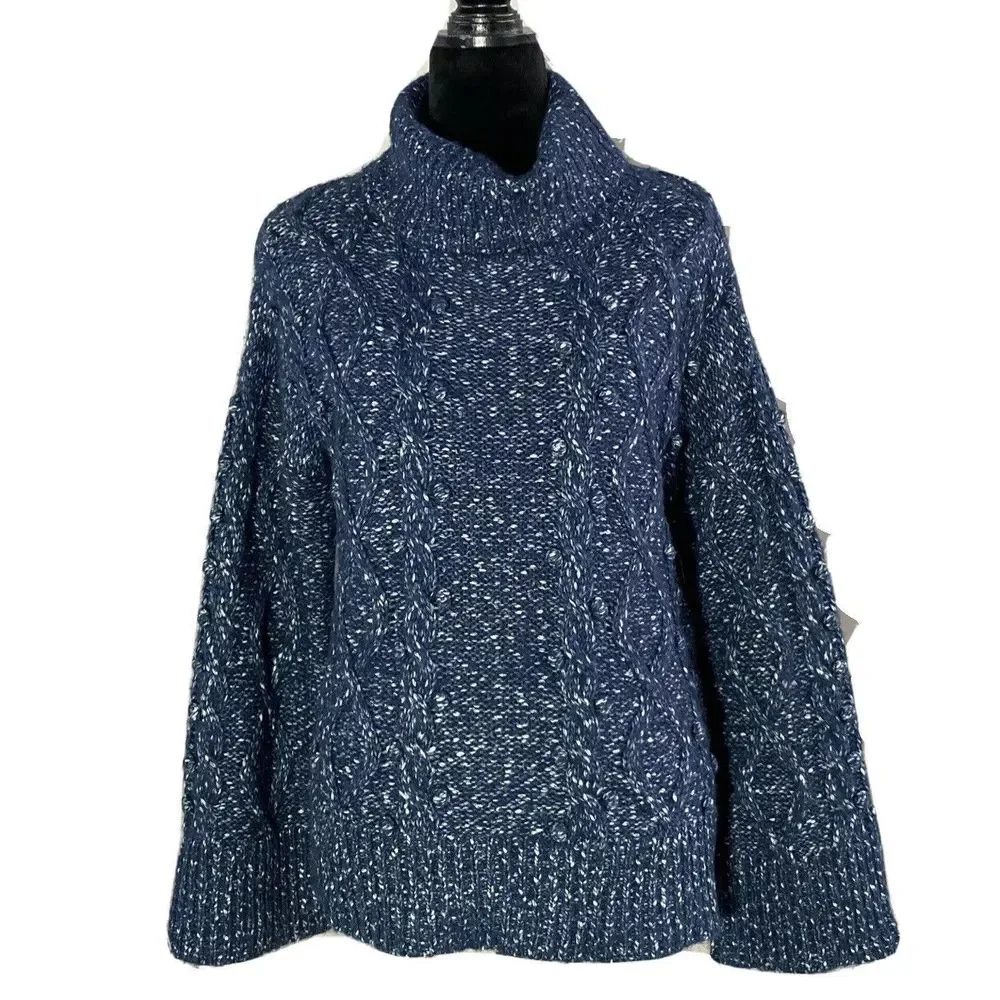 NEW Kate Spade Sweater M Heather Blue Turtleneck Chunky‎ Broome Wide Sl Oversize
